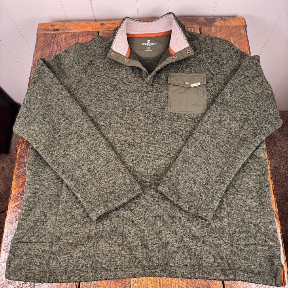 Woolrich XL Olive Pullover Fleece Snap Neck Pocket Outdoor Sweater